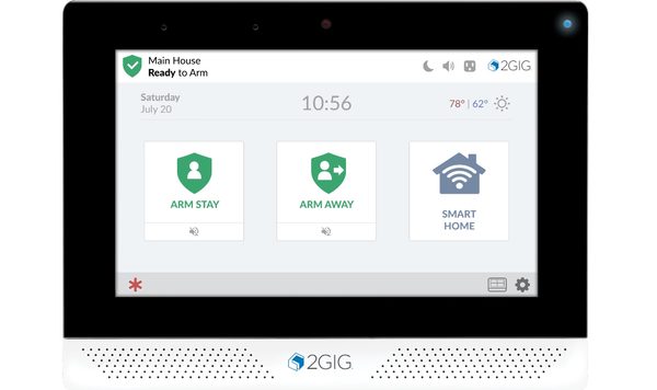 2Gig Edge touchscreen alarm panel showing Ready to Arm status