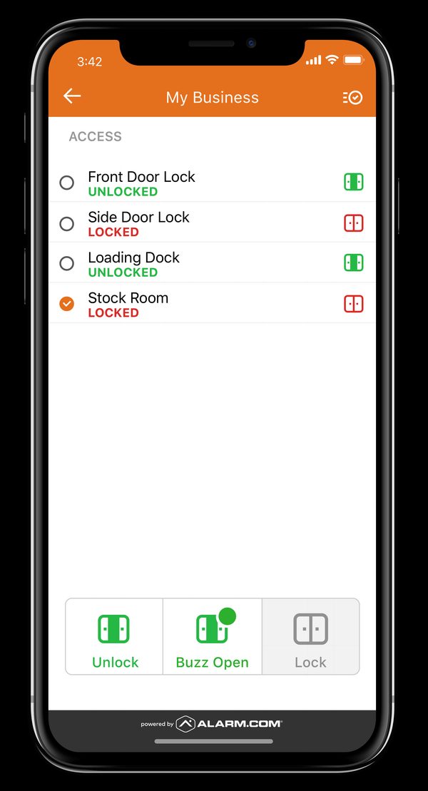 Alarm.com mobile app showing alarm system status for Tucson home