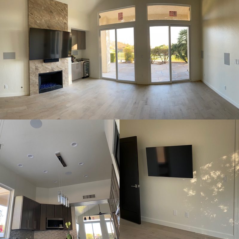 Collage of Onora Systems AV installations including TV wall mount, in-ceiling speakers, and equipment setup in Tucson