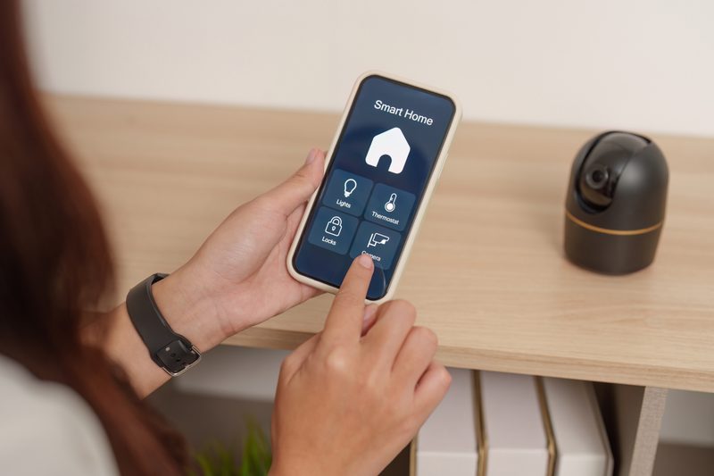 Smart home app on phone with security camera view for Tucson home automation